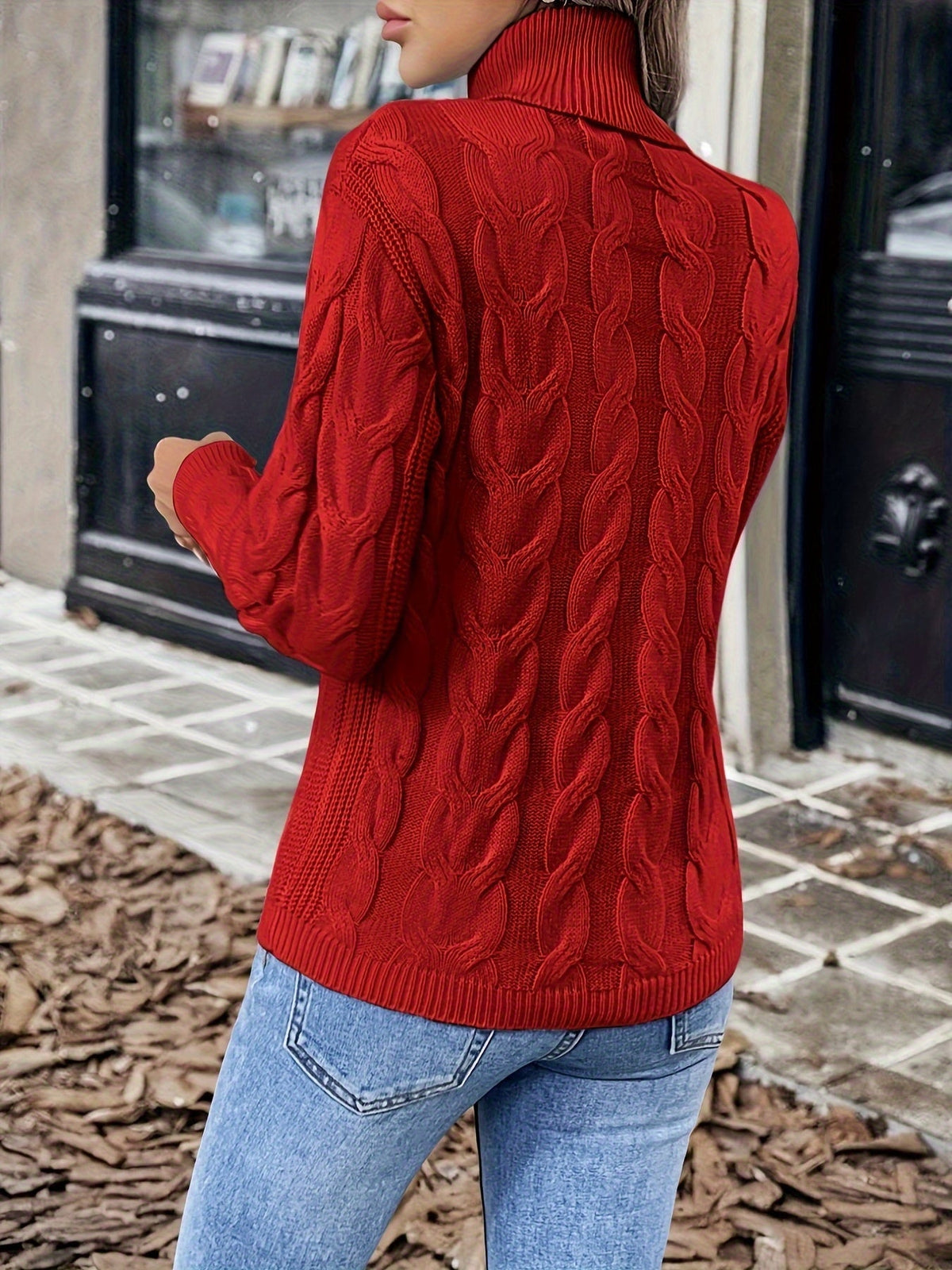 Turtleneck Sweater with Cable Knit Pattern and Relaxed Fit, Full Length Sleeves