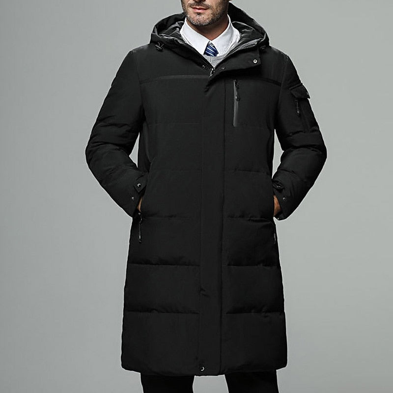 Mid-Thigh Puffer Coat with Drawstring Hood and Zippered Pockets
