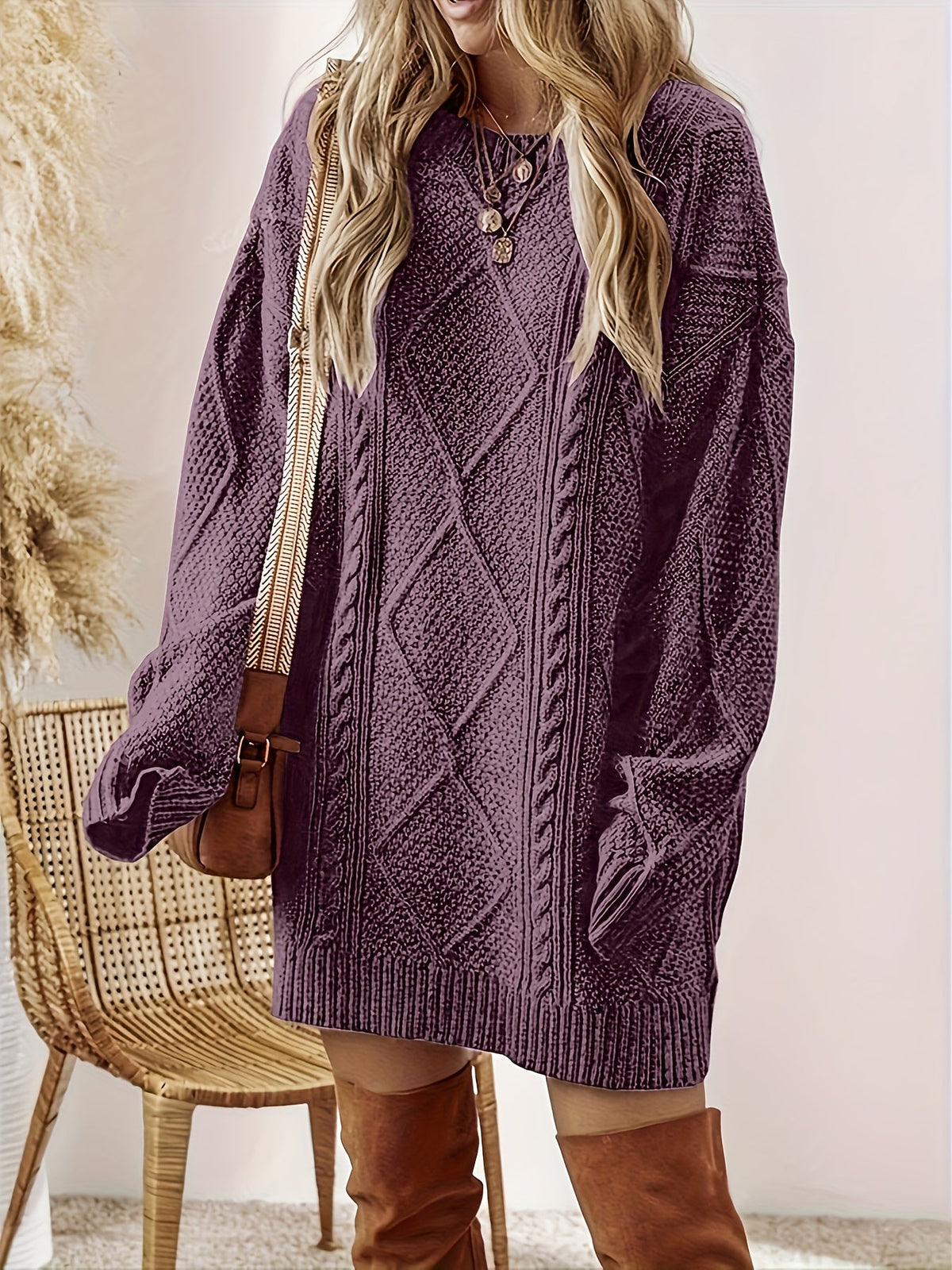 Midi Sweater Dress with Vertical Cable Knit Pattern and Crew Neck