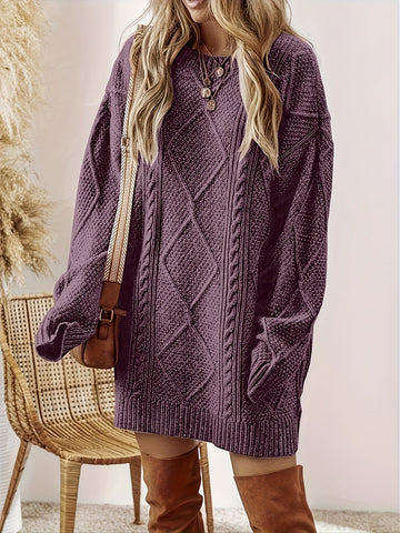 Midi Sweater Dress with Vertical Cable Knit Pattern and Crew Neck