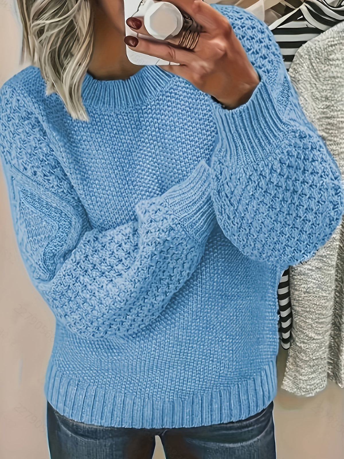 Oversized Knit Sweater with Lantern Sleeves and Hip Length