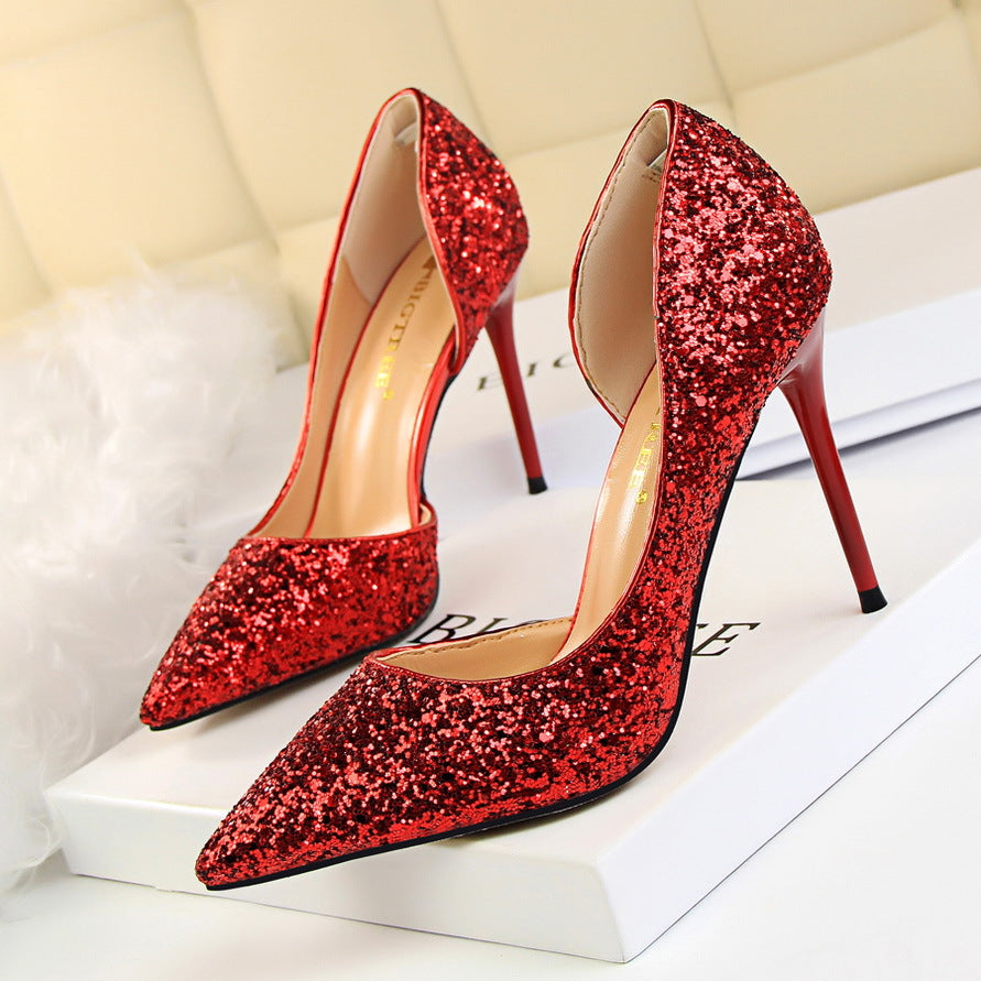 Women's Glitter Stiletto Heels - Pointed Toe - D'Orsay Cut - Slip On