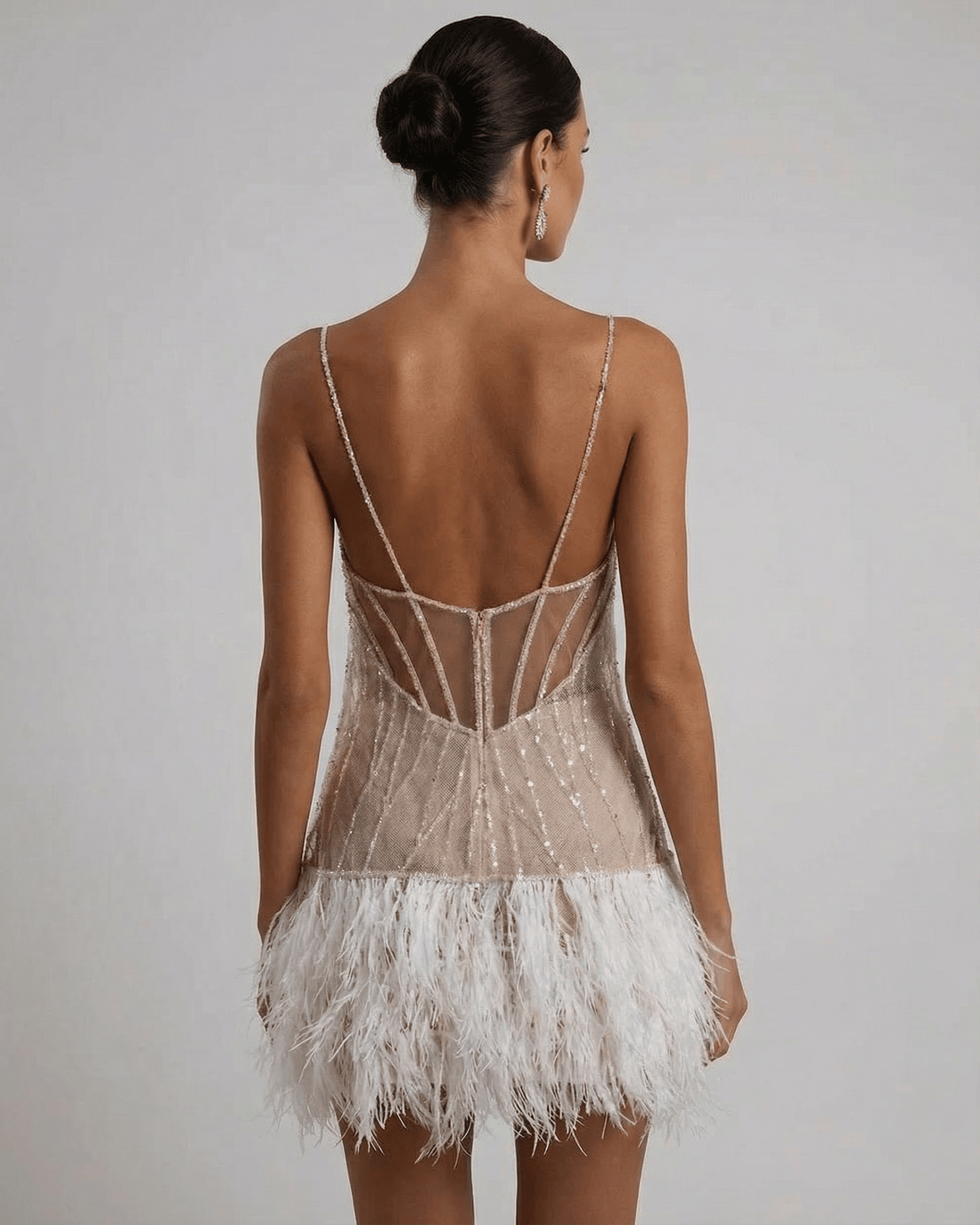 Women's Sequin Spaghetti Strap Sweetheart Feather Trim Mini Dress