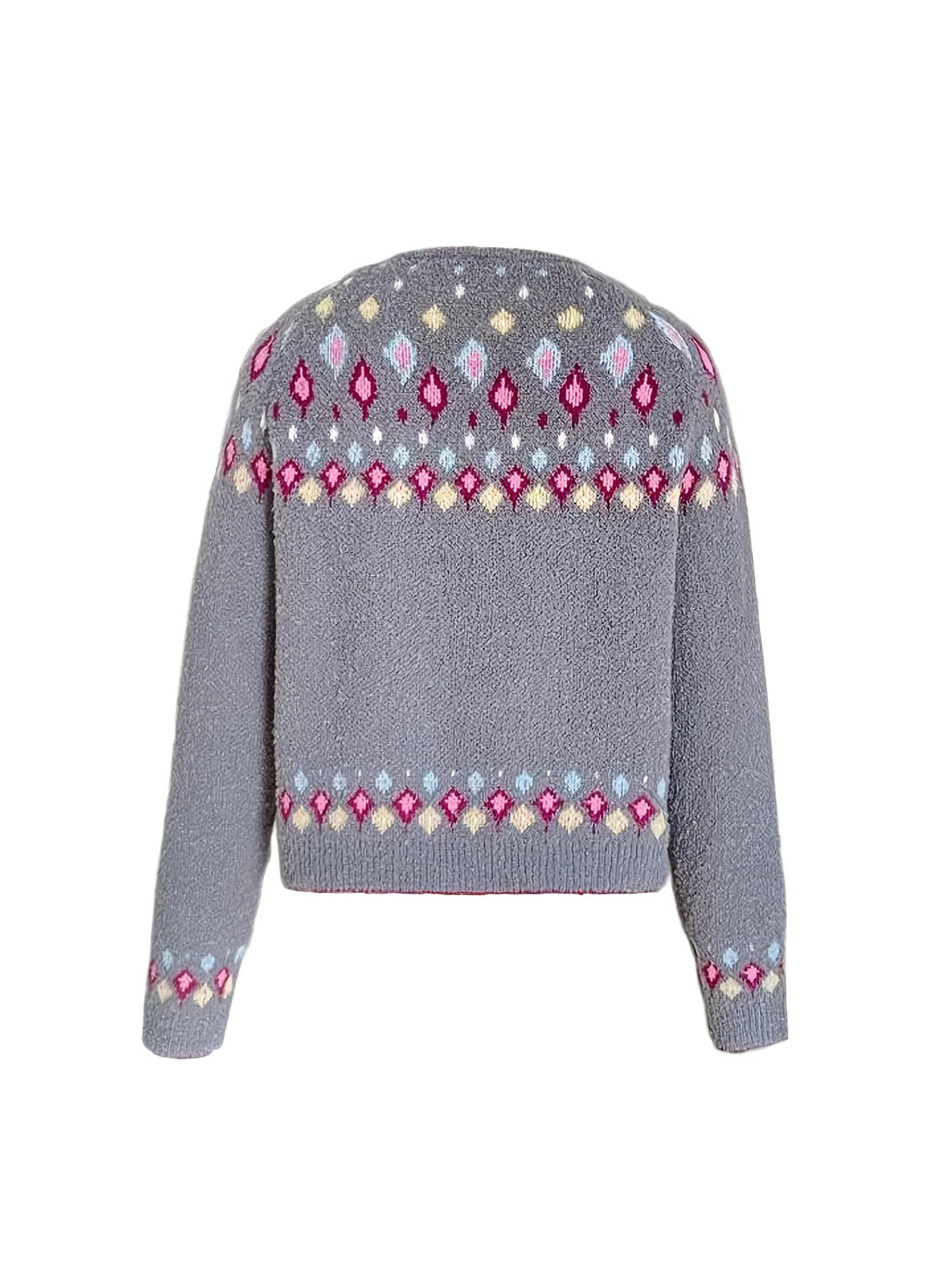 Button Front Cardigan with Nordic Geometric Pattern and V Neckline