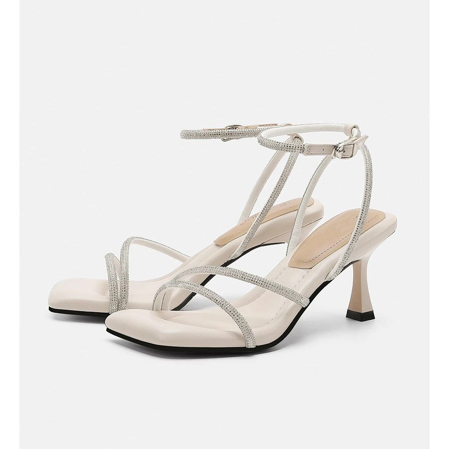Women's Square Toe Rhinestone Strap Ankle Strap Heeled Sandals