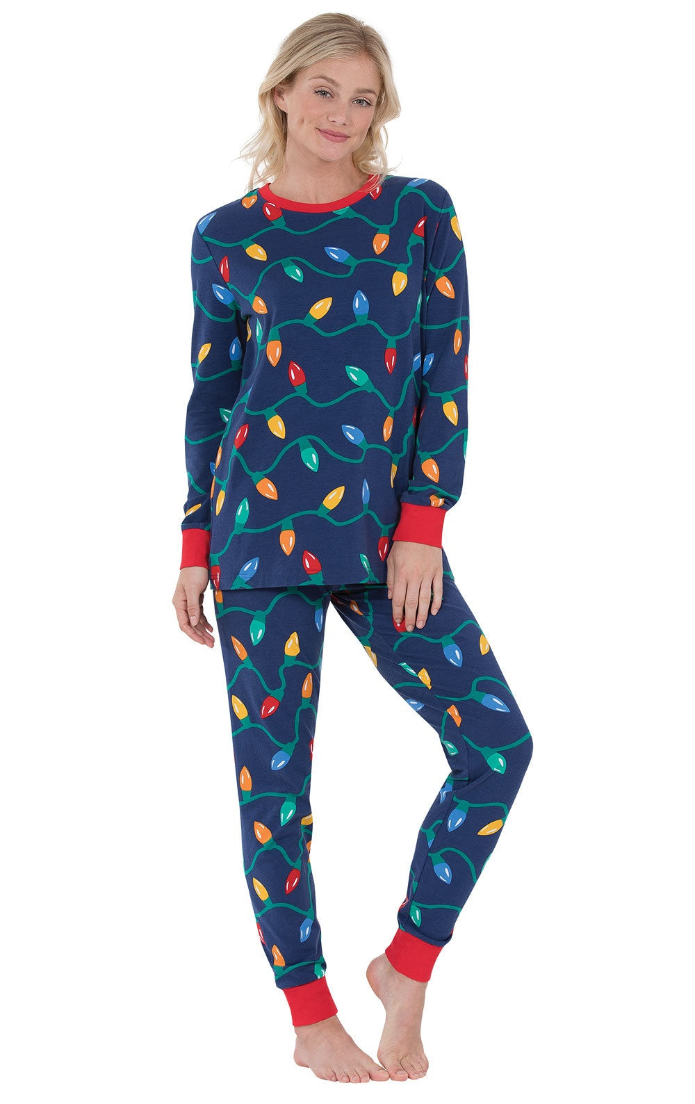 Cotton Jersey Pajama Set with Christmas Lights Print and Jogger Pants