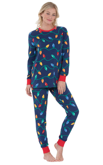 Cotton Jersey Pajama Set with Christmas Lights Print and Jogger Pants