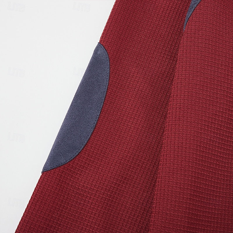 Textured Quarter Zip Pullover with Elbow Patches and Chest Pocket, Ribbed Cuffs