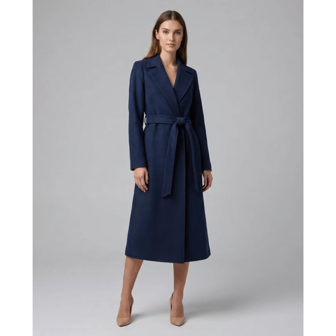 Women's Long Trench Coat with Adjustable Waist Belt and Button Closure