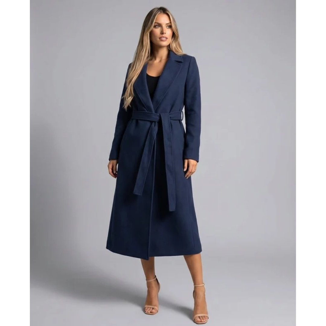 Women's Long Trench Coat with Adjustable Waist Belt and Button Closure