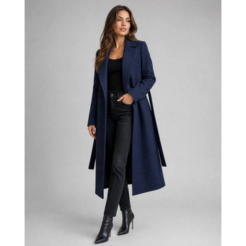 Women's Long Trench Coat with Adjustable Waist Belt and Button Closure