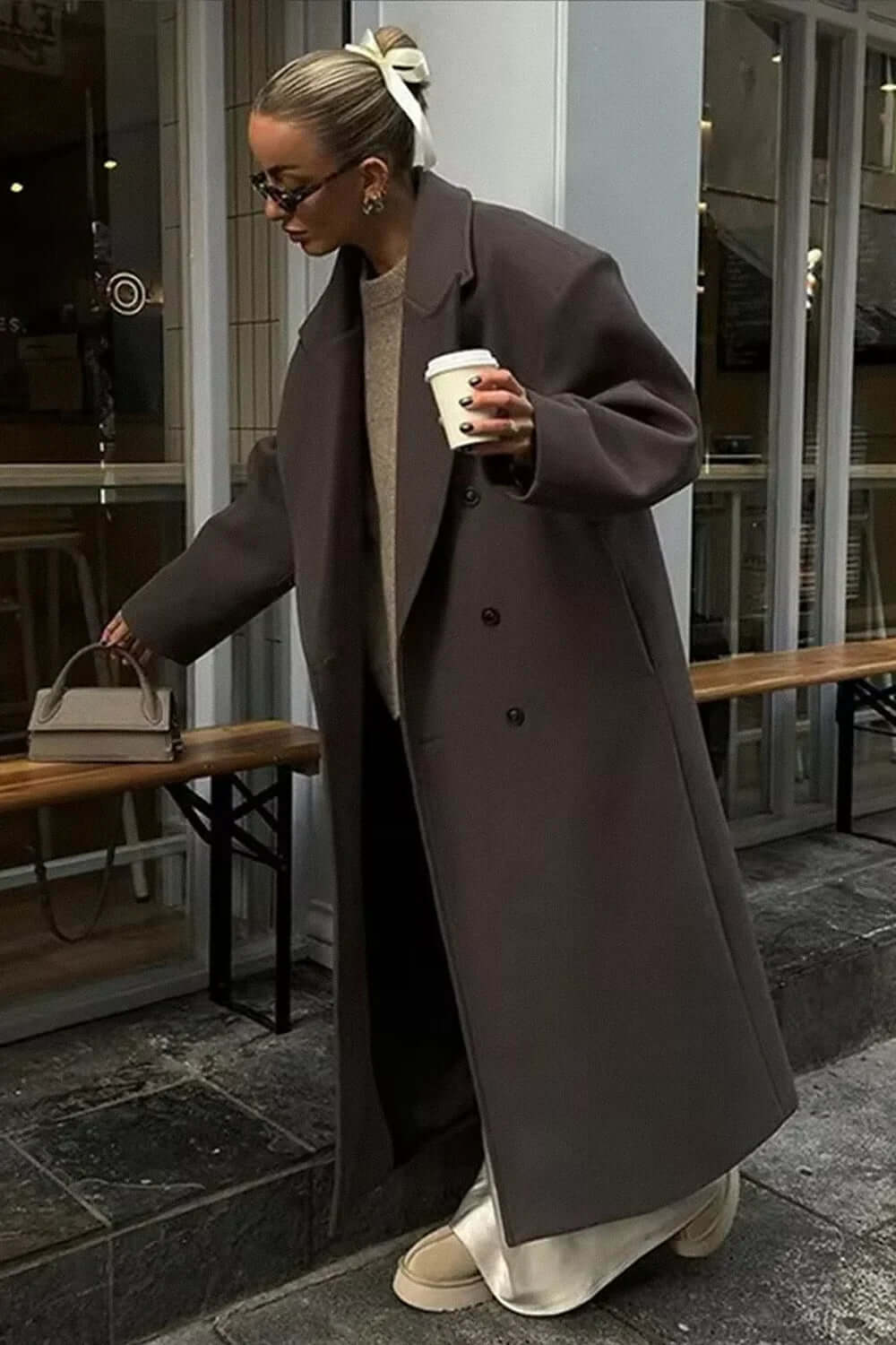 Women’s Oversized Double-Breasted Long Coat with Notched Lapel