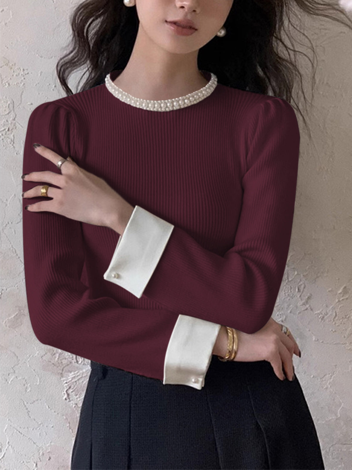 Slim Fit Knit Top with Contrast Binding Edge and Medium Stretch