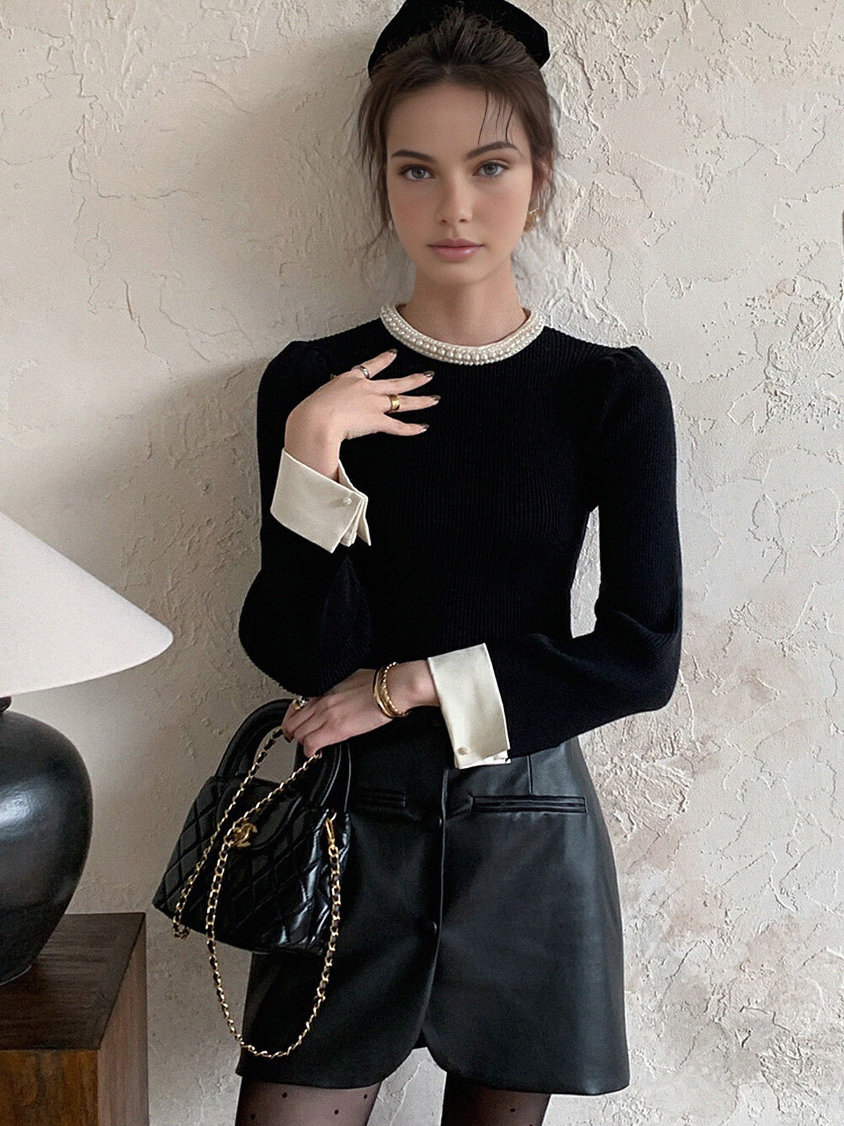 Slim Fit Knit Top with Contrast Binding Edge and Medium Stretch