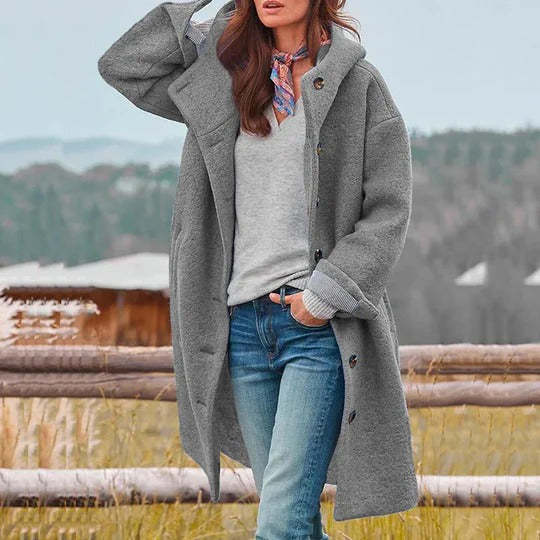 Women's Long Winter Coat with Zipper and Snap Closure, Insulated Stand Collar