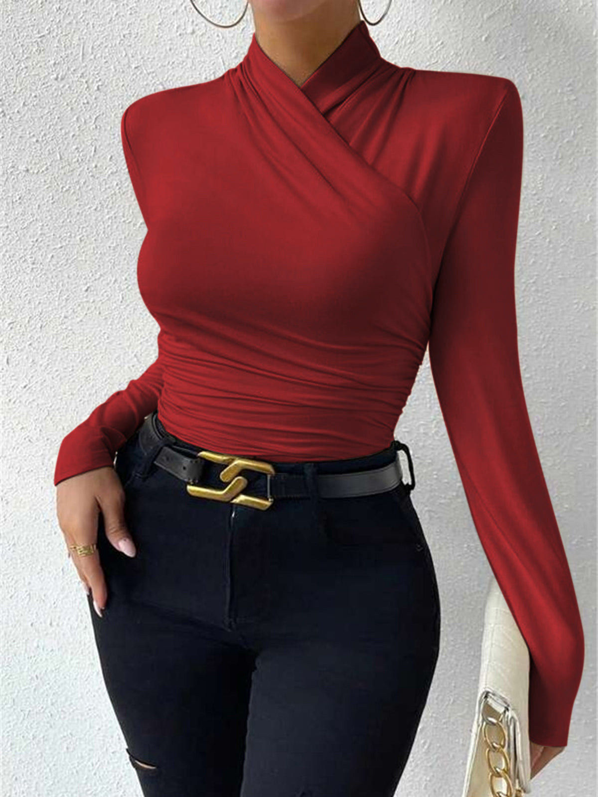 Crossover Collar Jersey Top with Long Sleeves and Slim Fit