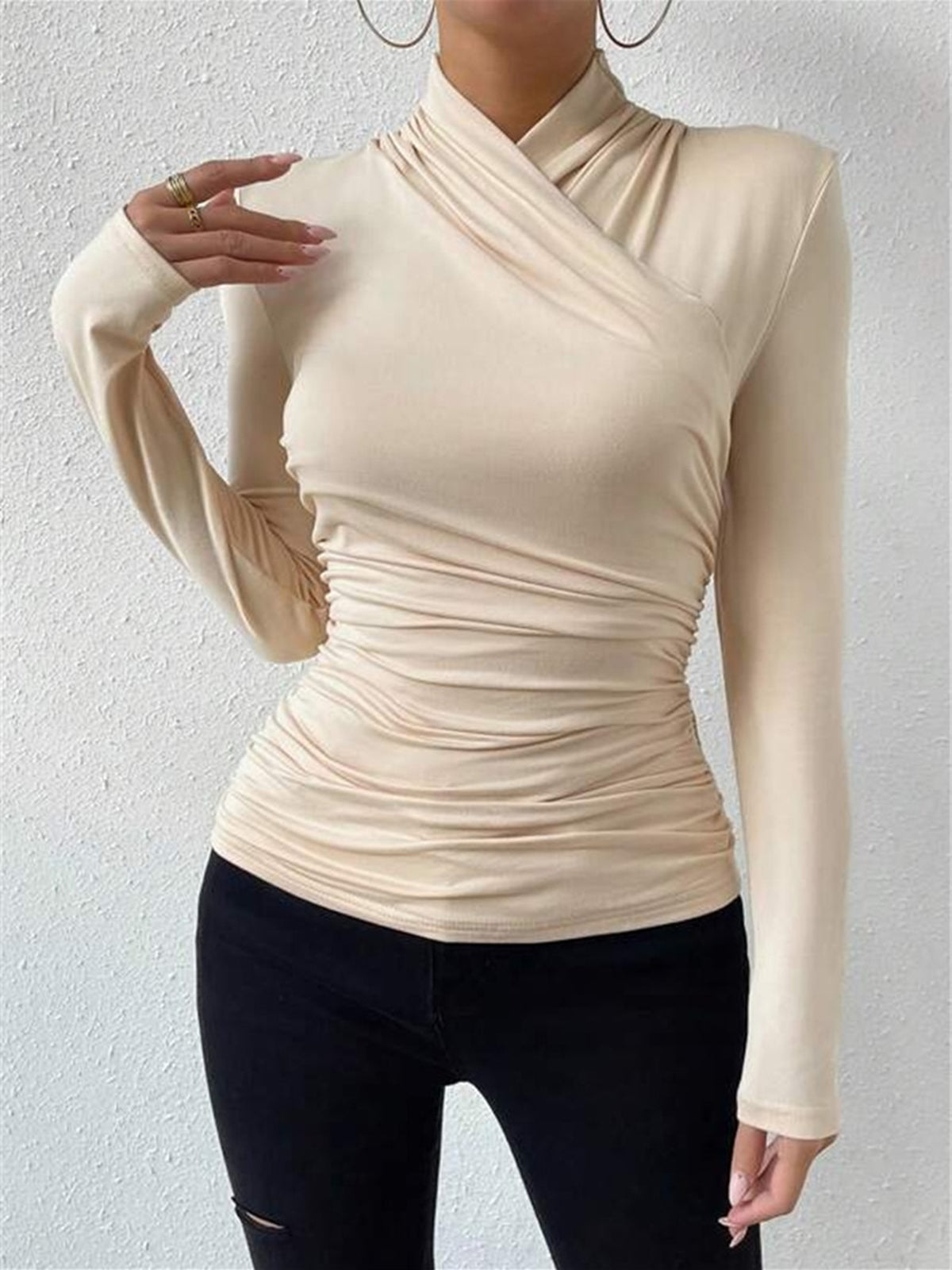 Crossover Collar Jersey Top with Long Sleeves and Slim Fit