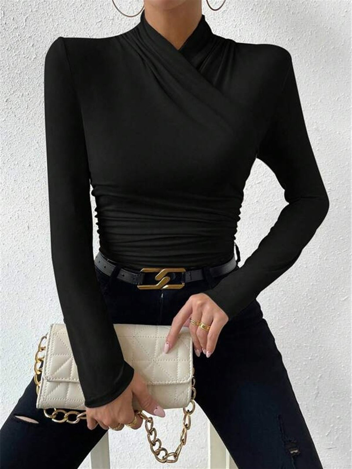 Crossover Collar Jersey Top with Long Sleeves and Slim Fit