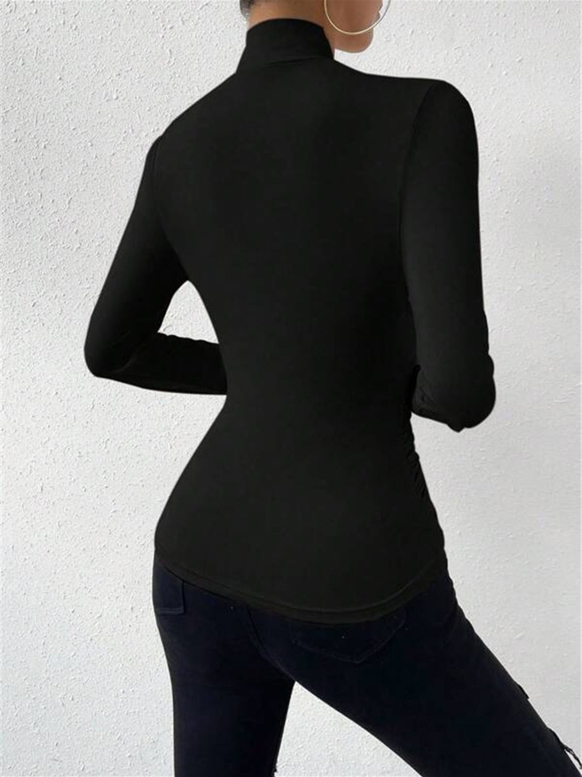 Crossover Collar Jersey Top with Long Sleeves and Slim Fit