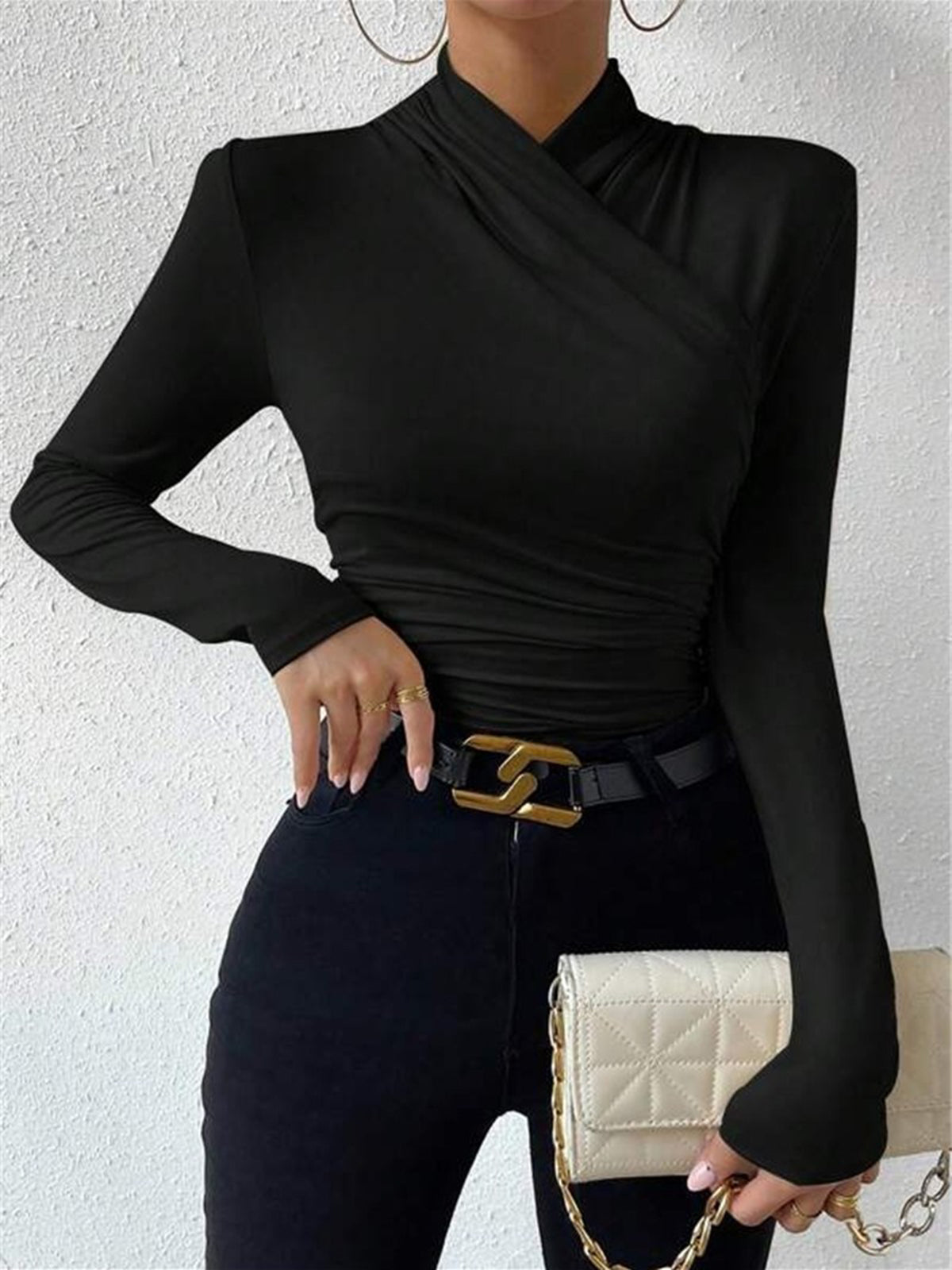 Crossover Collar Jersey Top with Long Sleeves and Slim Fit