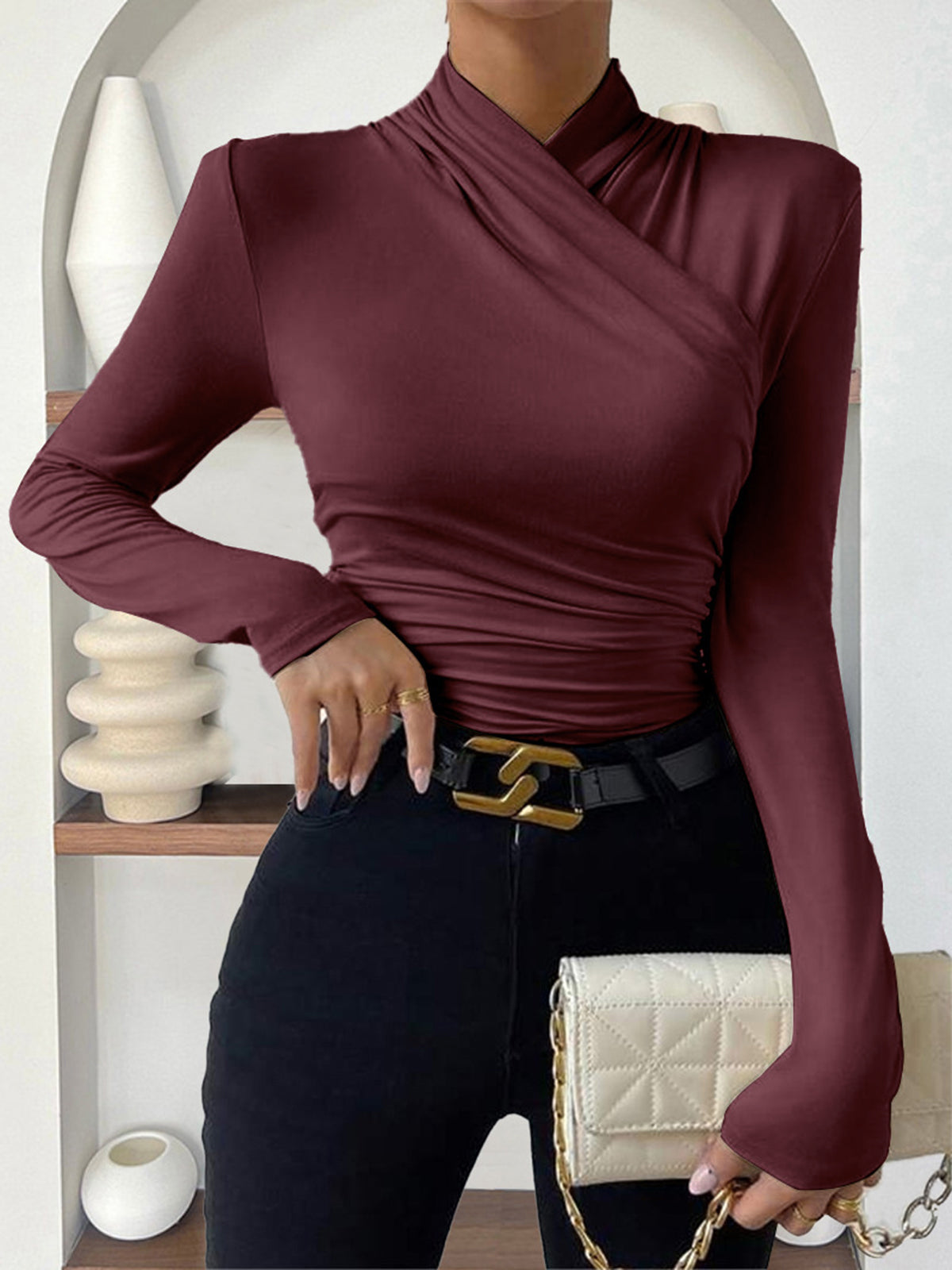 Crossover Collar Jersey Top with Long Sleeves and Slim Fit