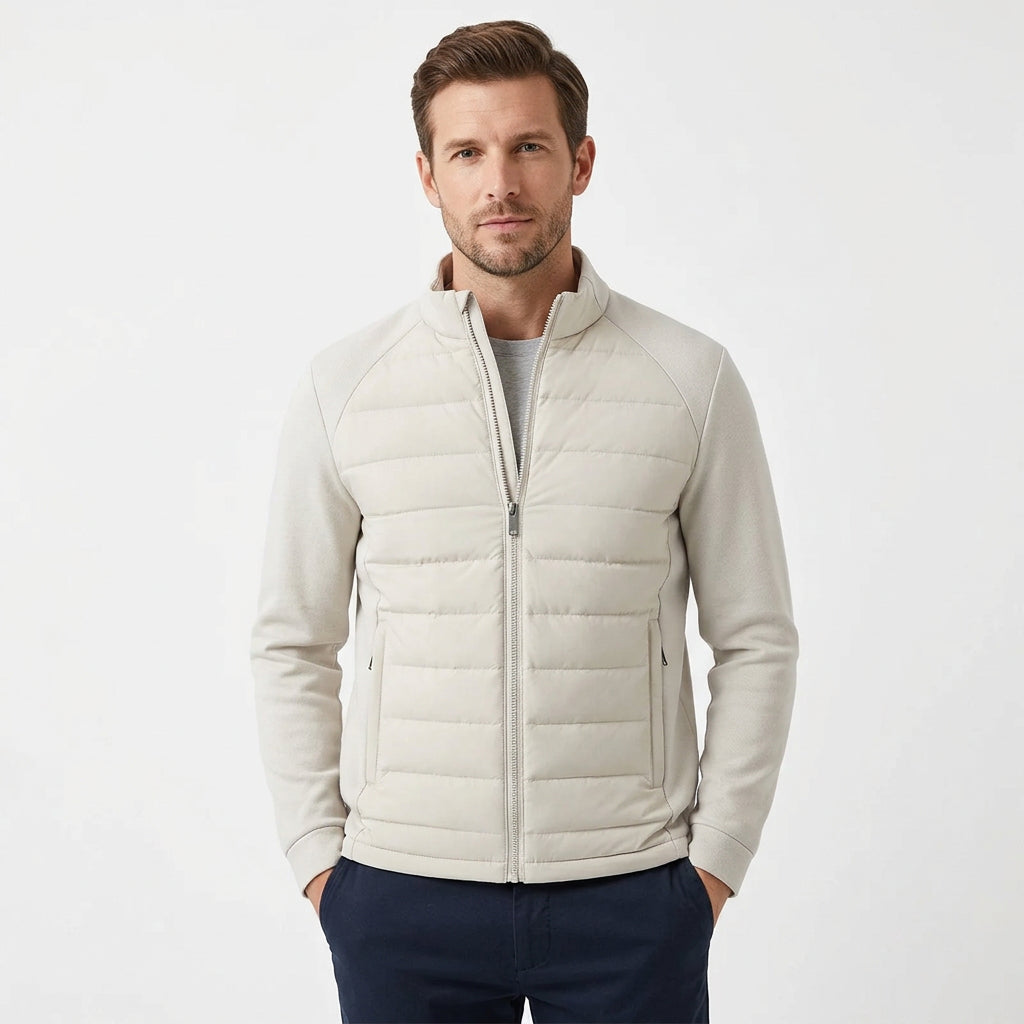 Quilted Hybrid Jacket with Knit Sleeves and Stand Collar For Men