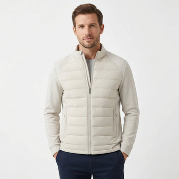 Quilted Hybrid Jacket with Knit Sleeves and Stand Collar For Men