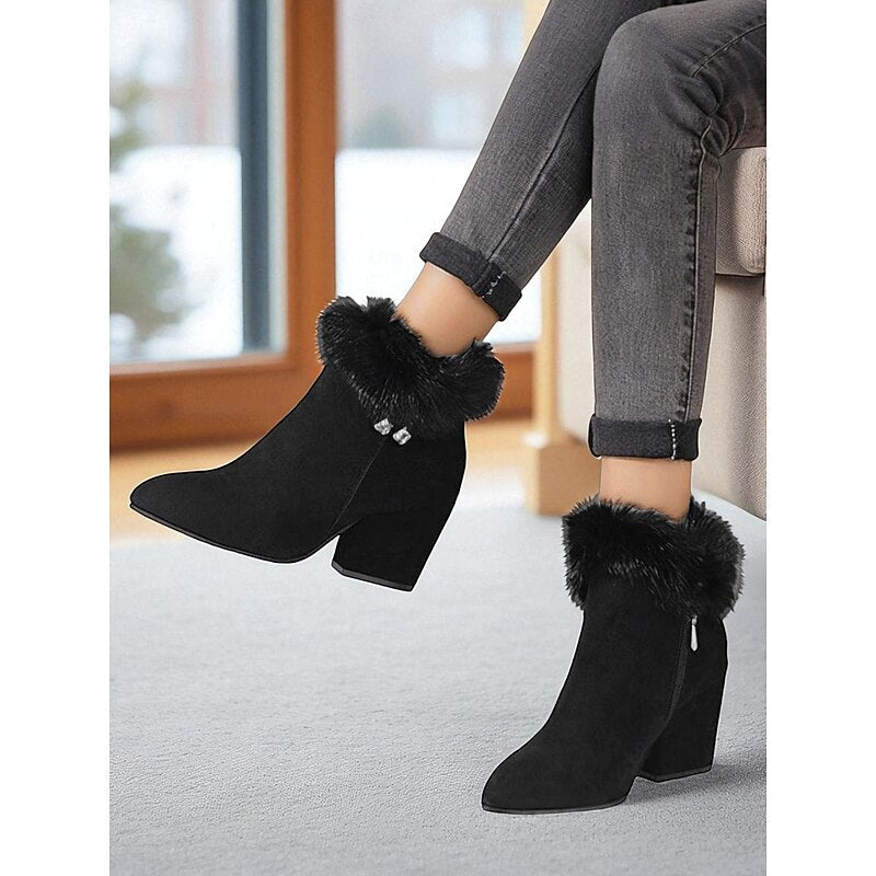 Pointed Toe Ankle Boots with Plush Collar and Side Zip Block Heel