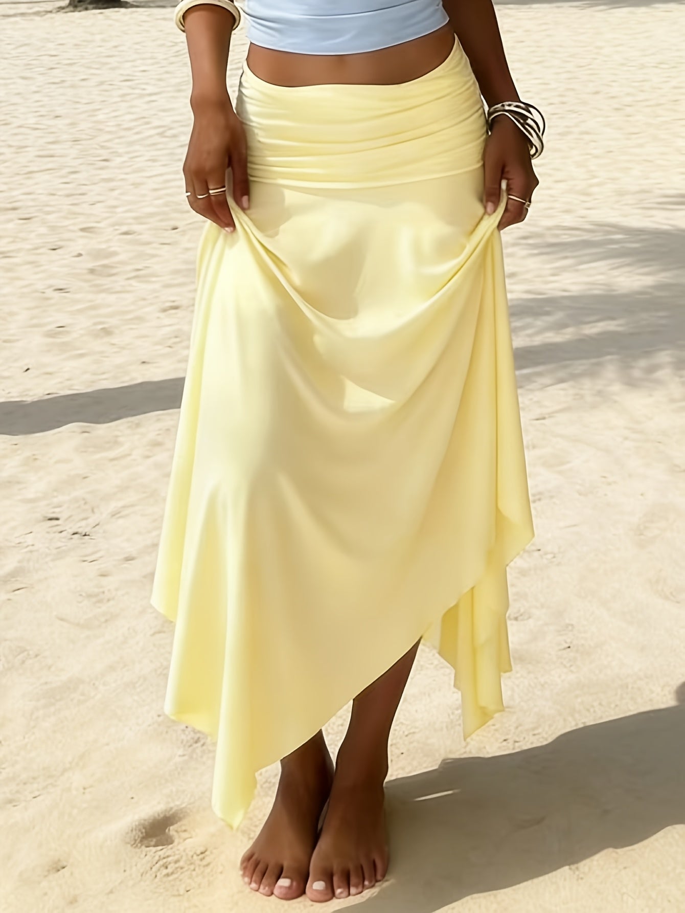 Women's Ruched Waist Asymmetric Ruffle Hem Maxi Skirt