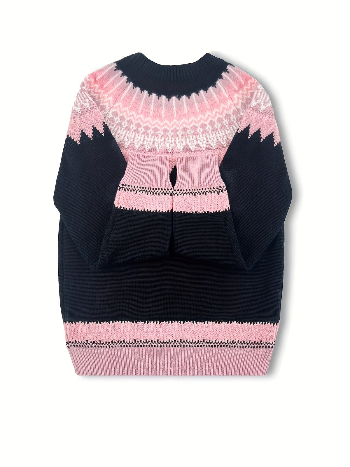 Chunky Knit Sweater with Jacquard Weave Pattern and Round Neck, Hip Length