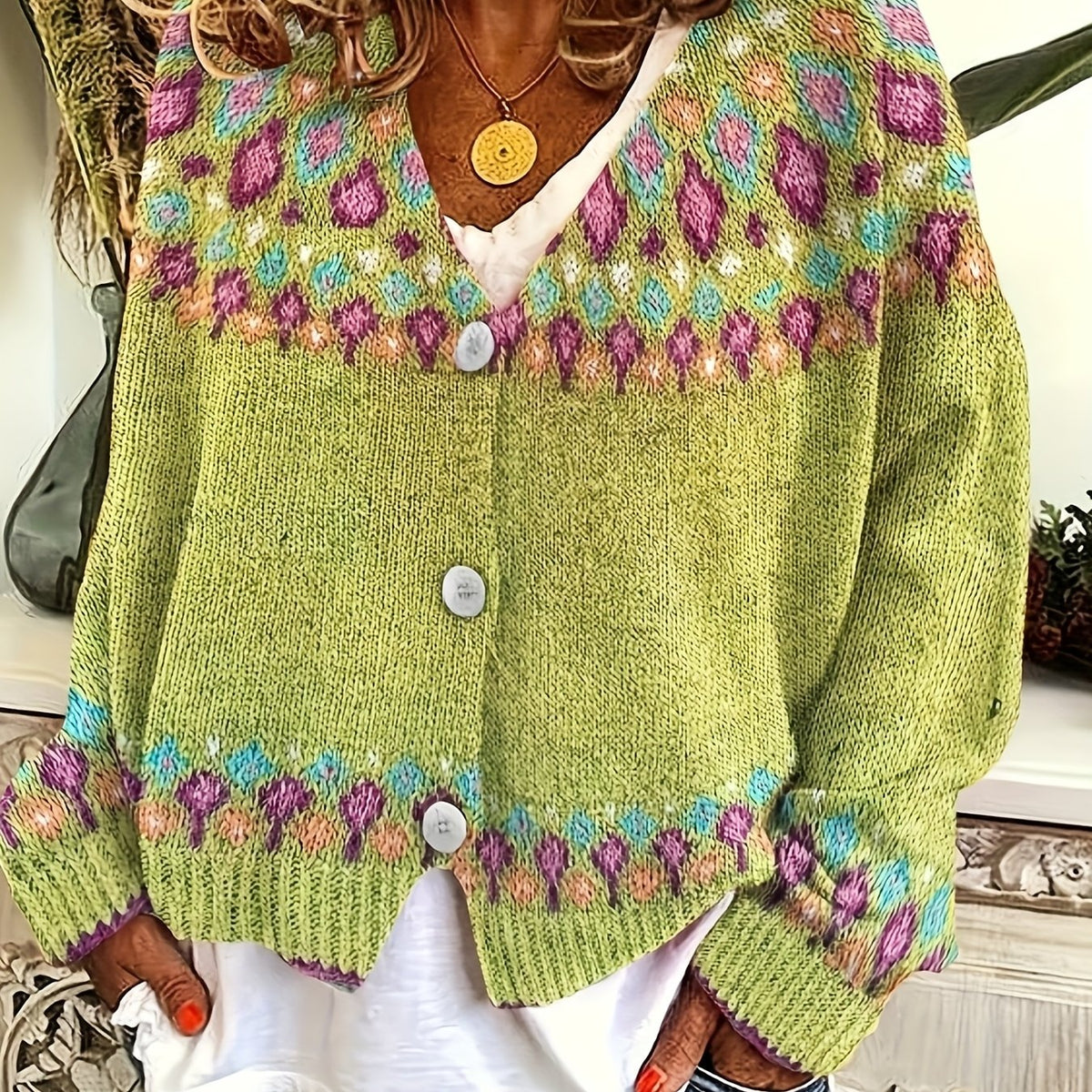 Button Front Cardigan with Nordic Geometric Pattern and V Neckline