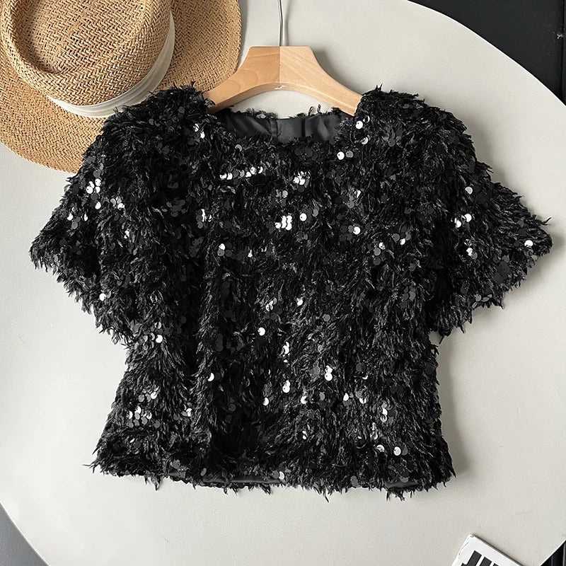 Women’s Embellished Feather-Effect Blouse with Sequin Detail – Refined Evening Style