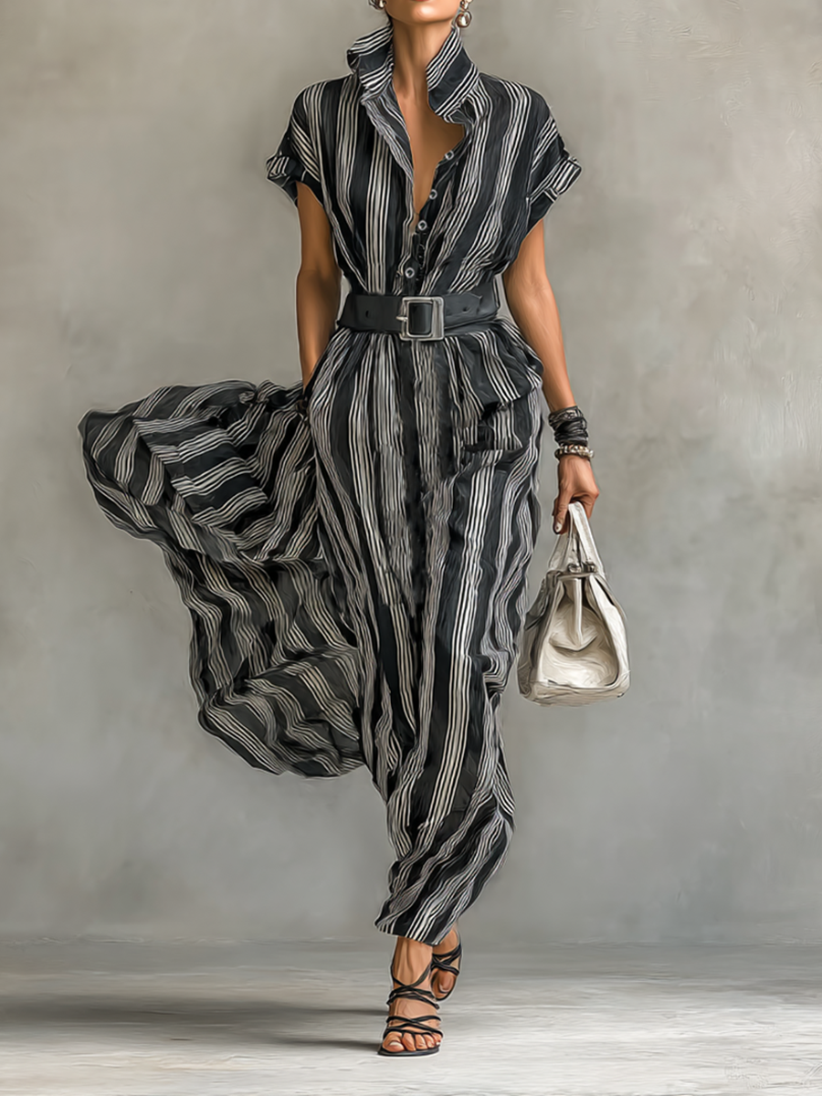 Women's Chiffon Striped Maxi Dress Shirt Style