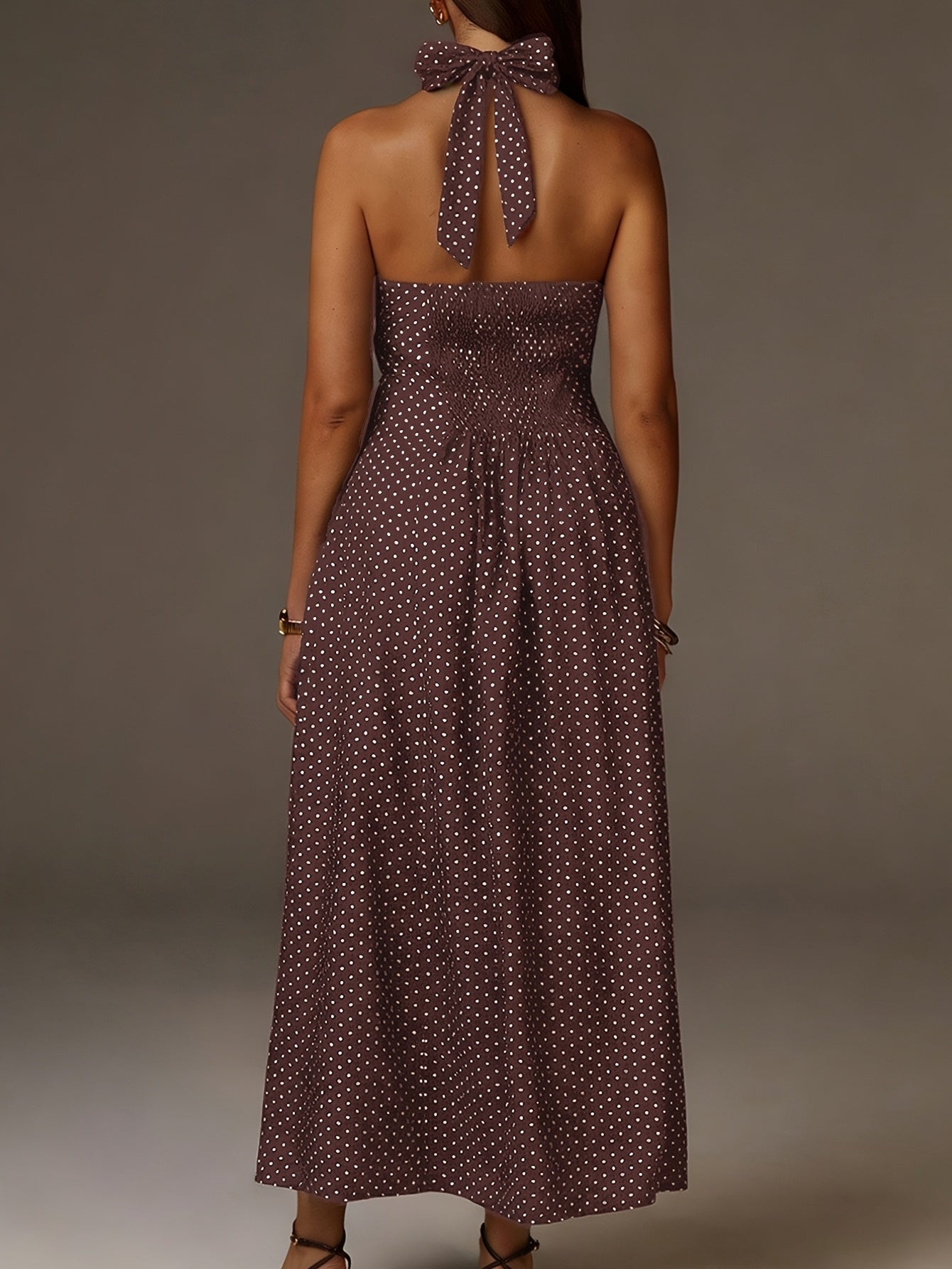 Women's Coffee Polka Dot Halter Neck Maxi Dress with Plunge Front and Smocked Back