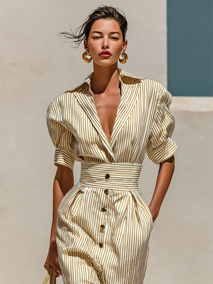 Women's Striped Midi Dress Shirt Style