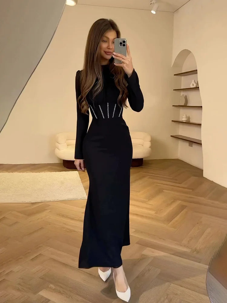 Women's Long Sleeve Corset Detail Maxi Dress - Gathered Crew Neck