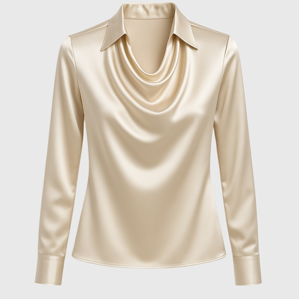 Women's Relaxed Fit Blouse with Draped Neckline and Defined Waist