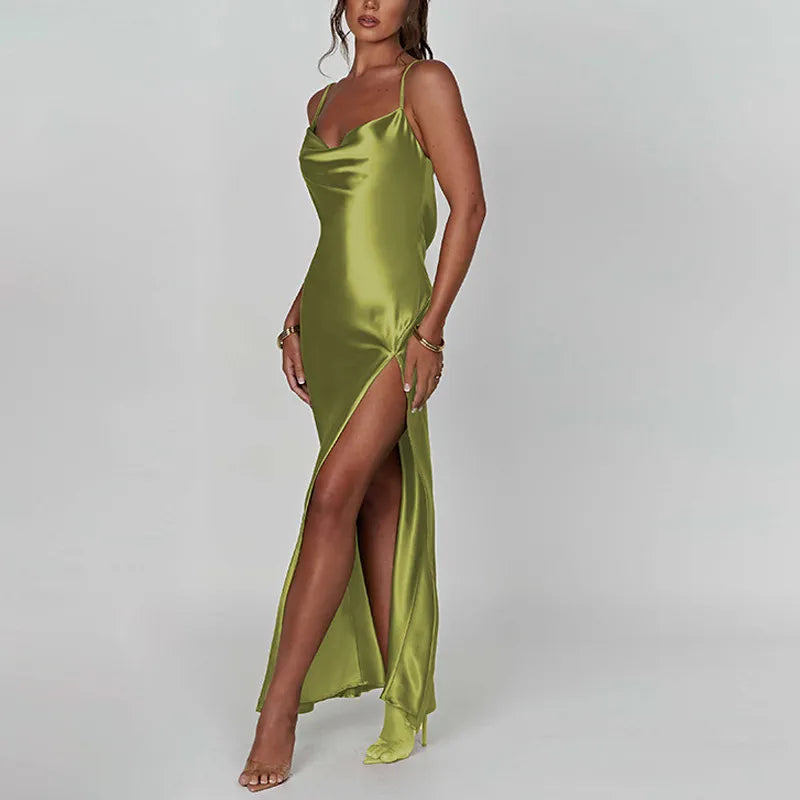 Women's Satin Cowl Neck Maxi Dress Bodycon
