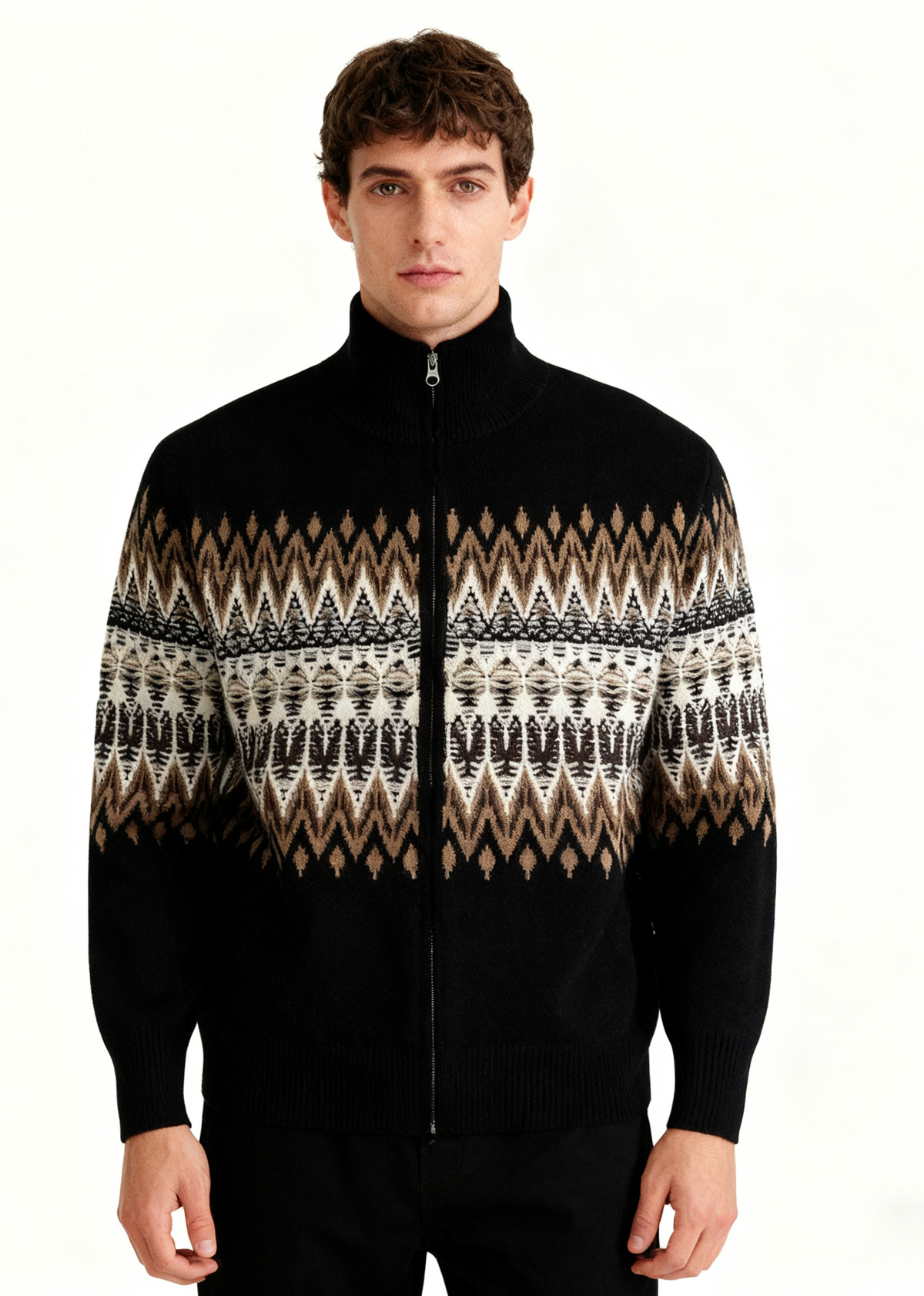 Thick Knit Cardigan with Full Zip and High Collar, Fair Isle Pattern
