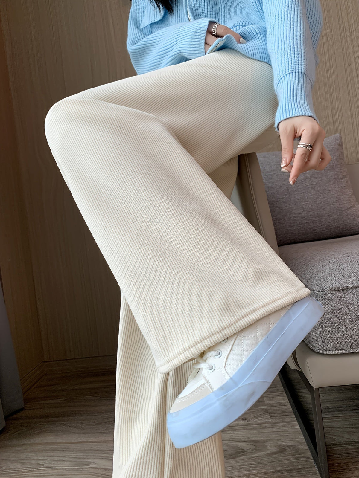 Wide Leg Pants with Thermal Inner Lining and Elastic Waistband for Cold Weather