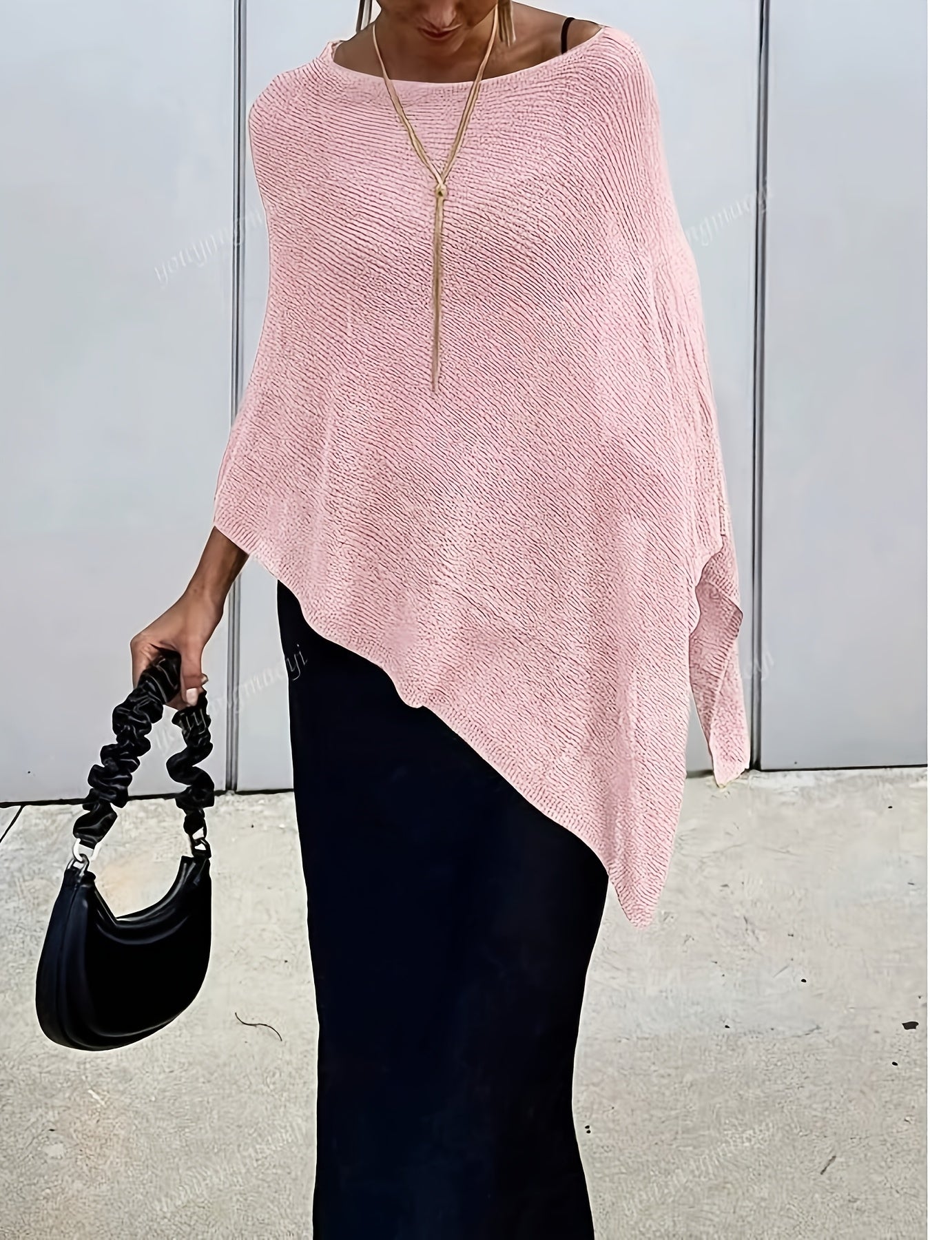 Women's Knit Poncho Sweater - Crew Neck - Asymmetric Hem - One Size