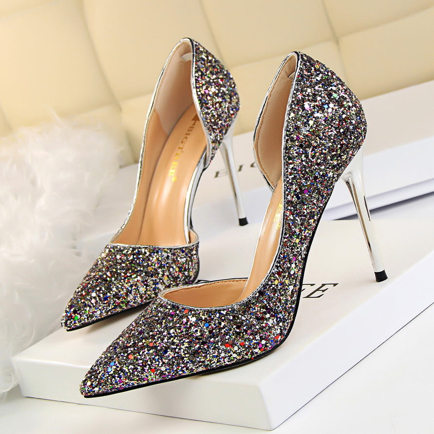 Women's Glitter Stiletto Heels - Pointed Toe - D'Orsay Cut - Slip On