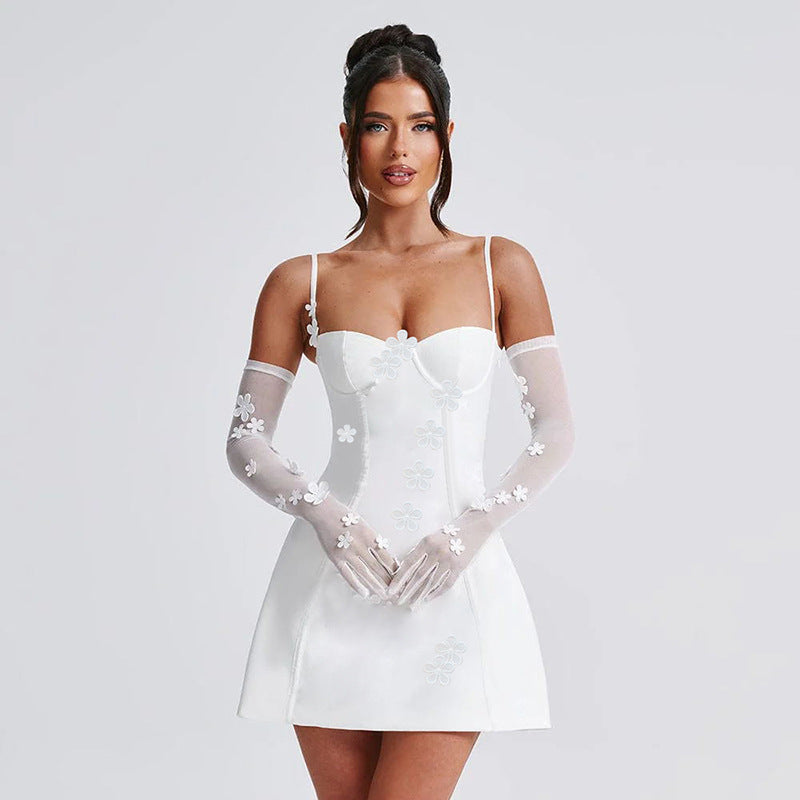 Women's Spaghetti Strap Mini Dress - Sweetheart Corset Bodice - Floral Applique Detail