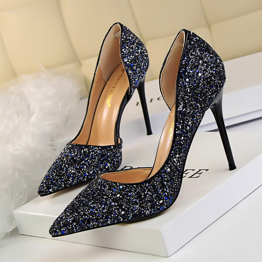 Women's Glitter Stiletto Heels - Pointed Toe - D'Orsay Cut - Slip On