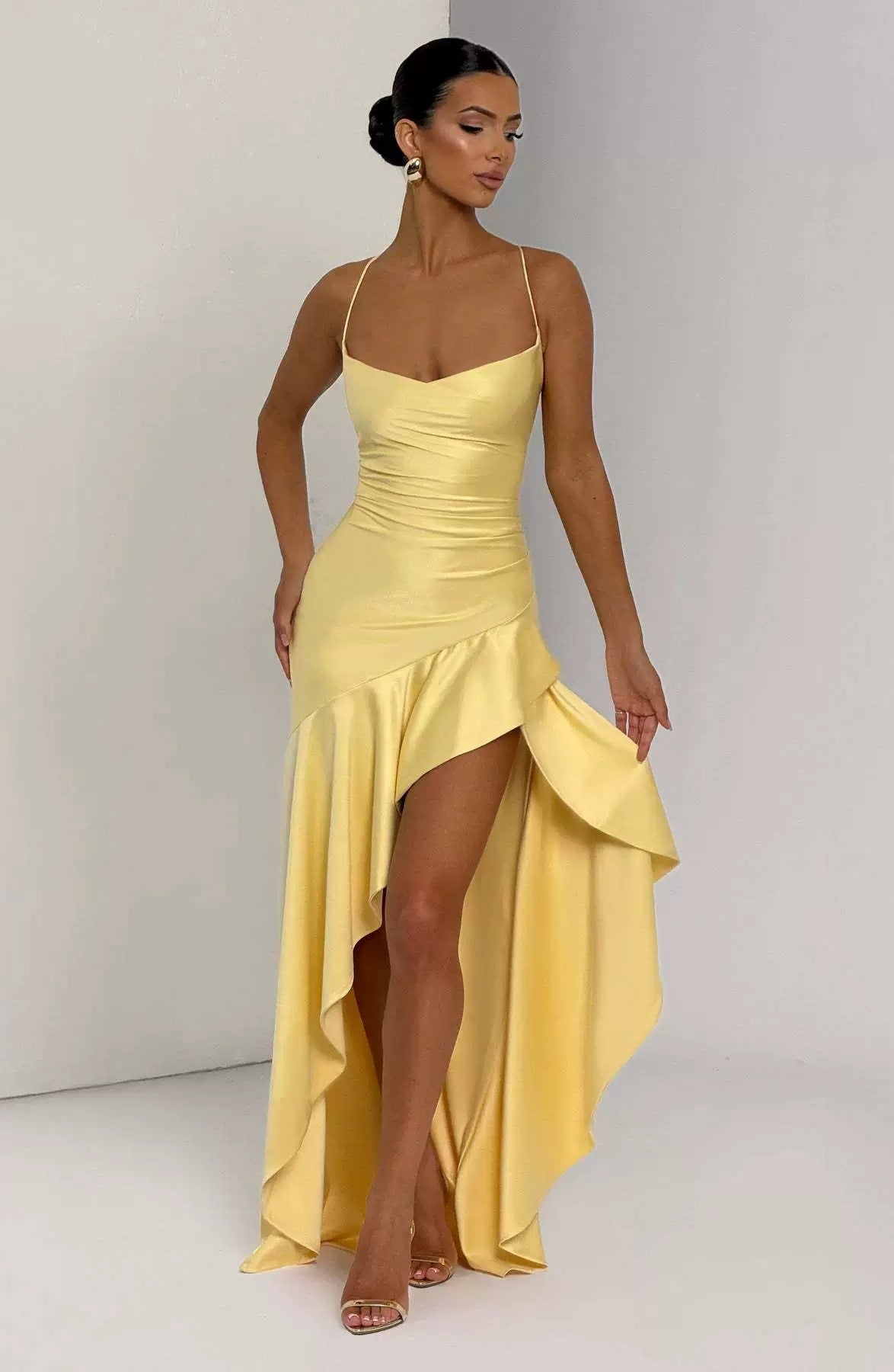 Women's Satin Maxi Dress Spaghetti Strap Asymmetrical