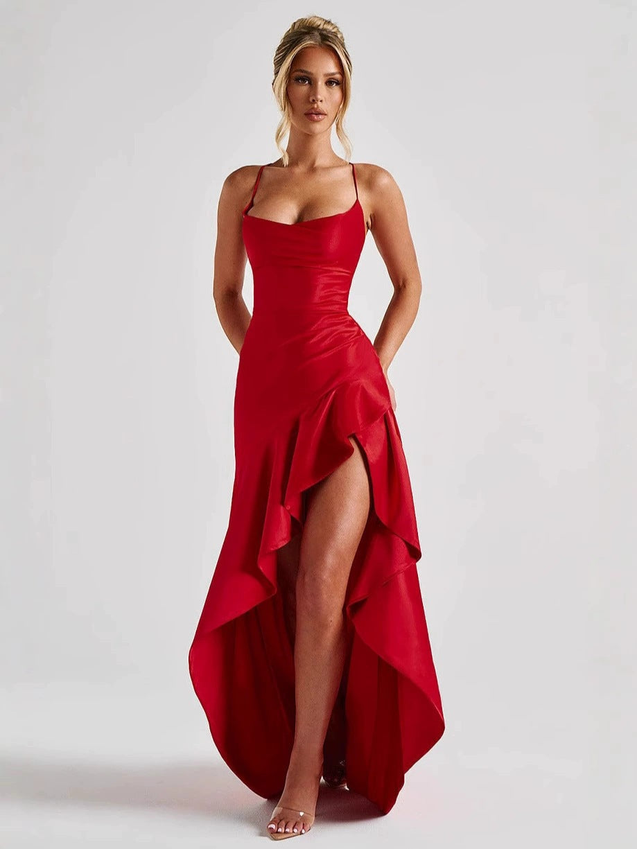 Women's Satin Maxi Dress Spaghetti Strap Asymmetrical