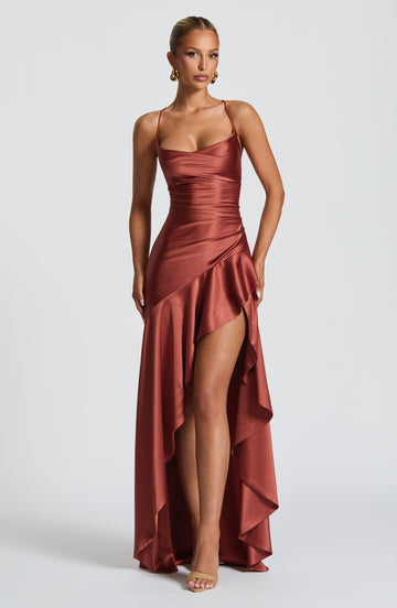 Women's Satin Maxi Dress Spaghetti Strap Asymmetrical