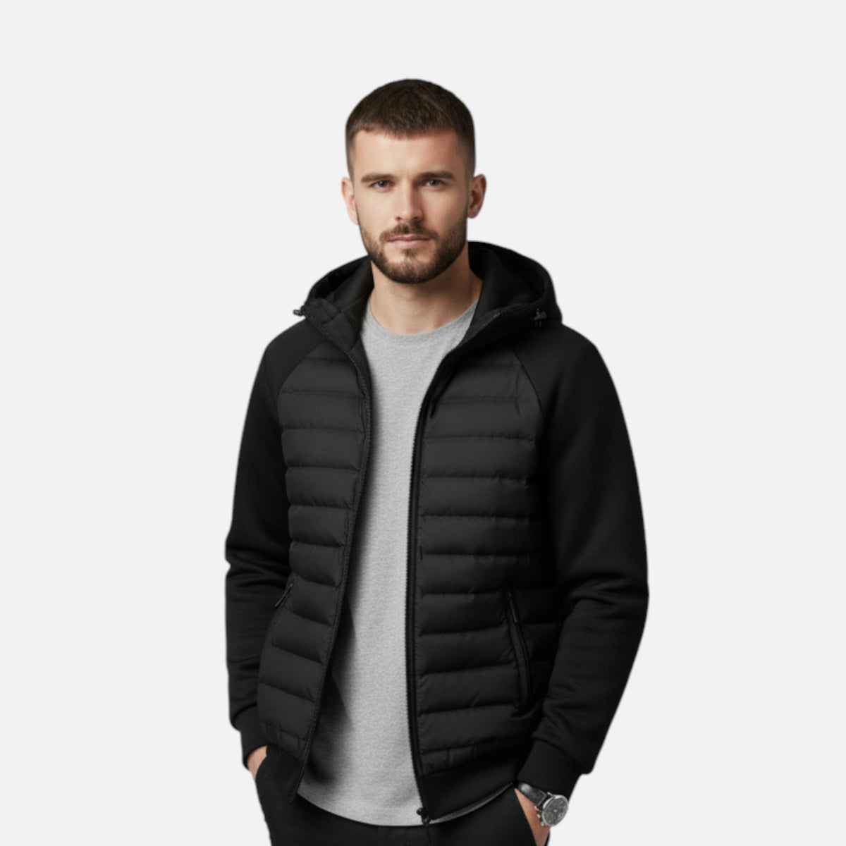 Hooded Quilted Jacket with Knit Sleeves and Zipped Pockets For Men