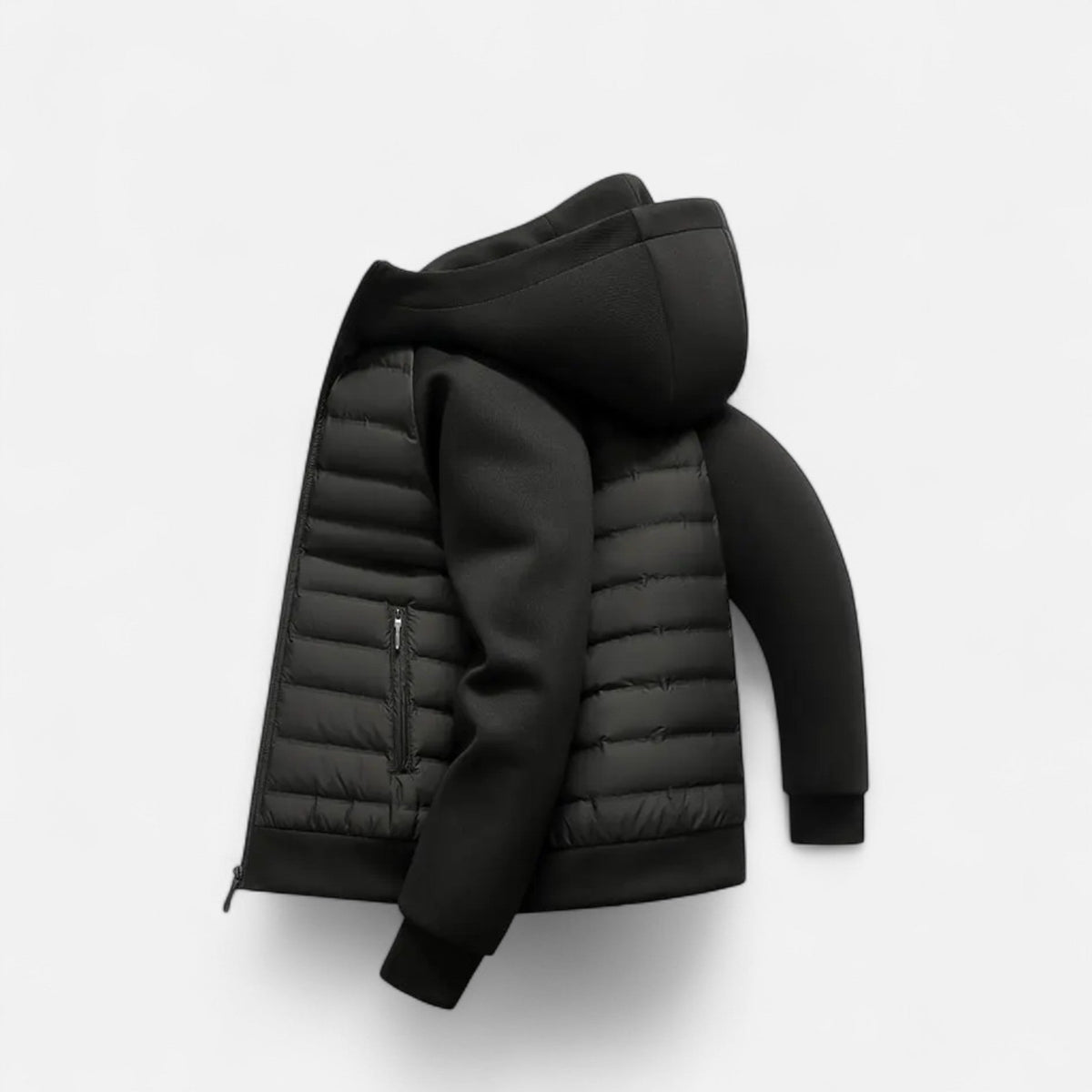 Hooded Quilted Jacket with Knit Sleeves and Zipped Pockets For Men
