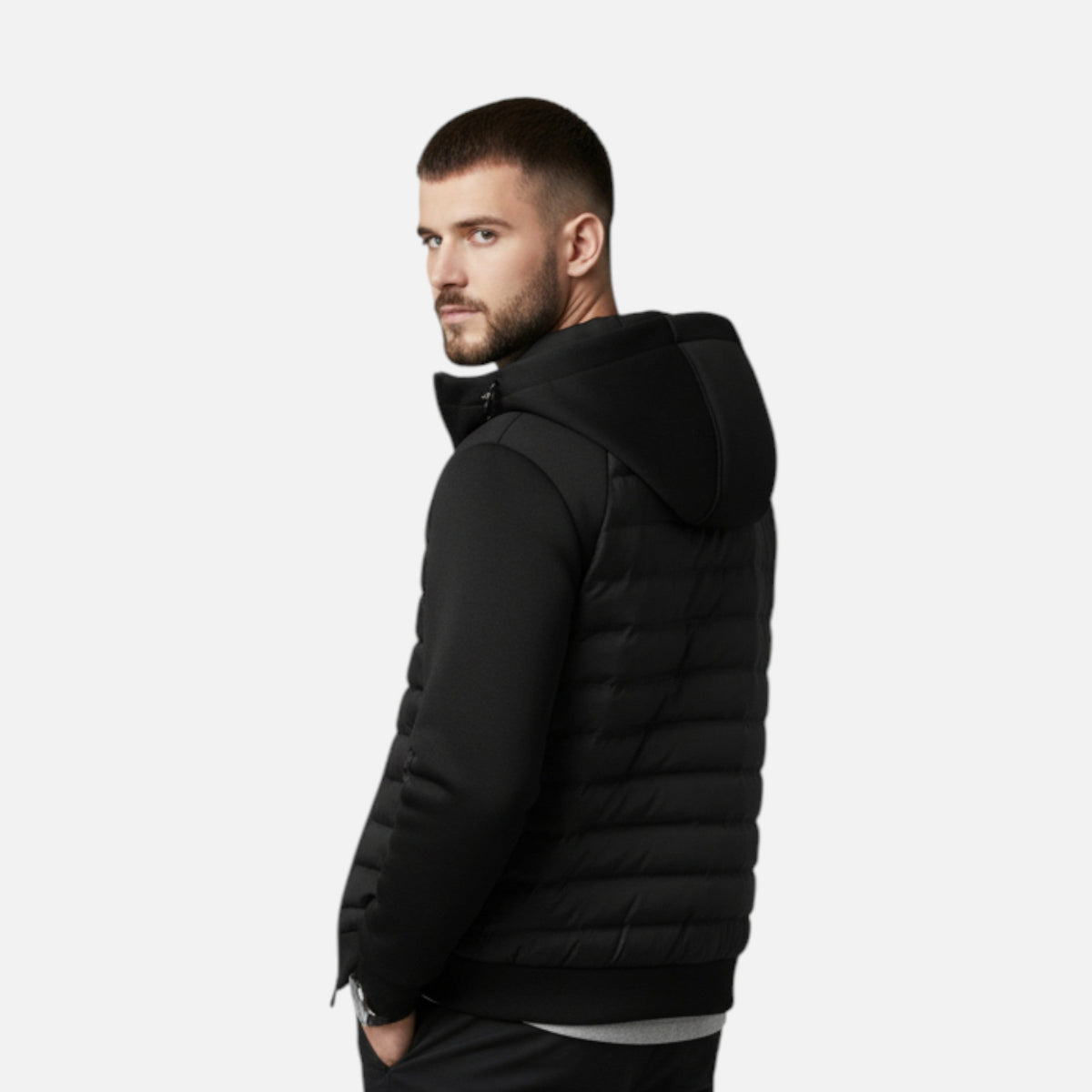 Hooded Quilted Jacket with Knit Sleeves and Zipped Pockets For Men